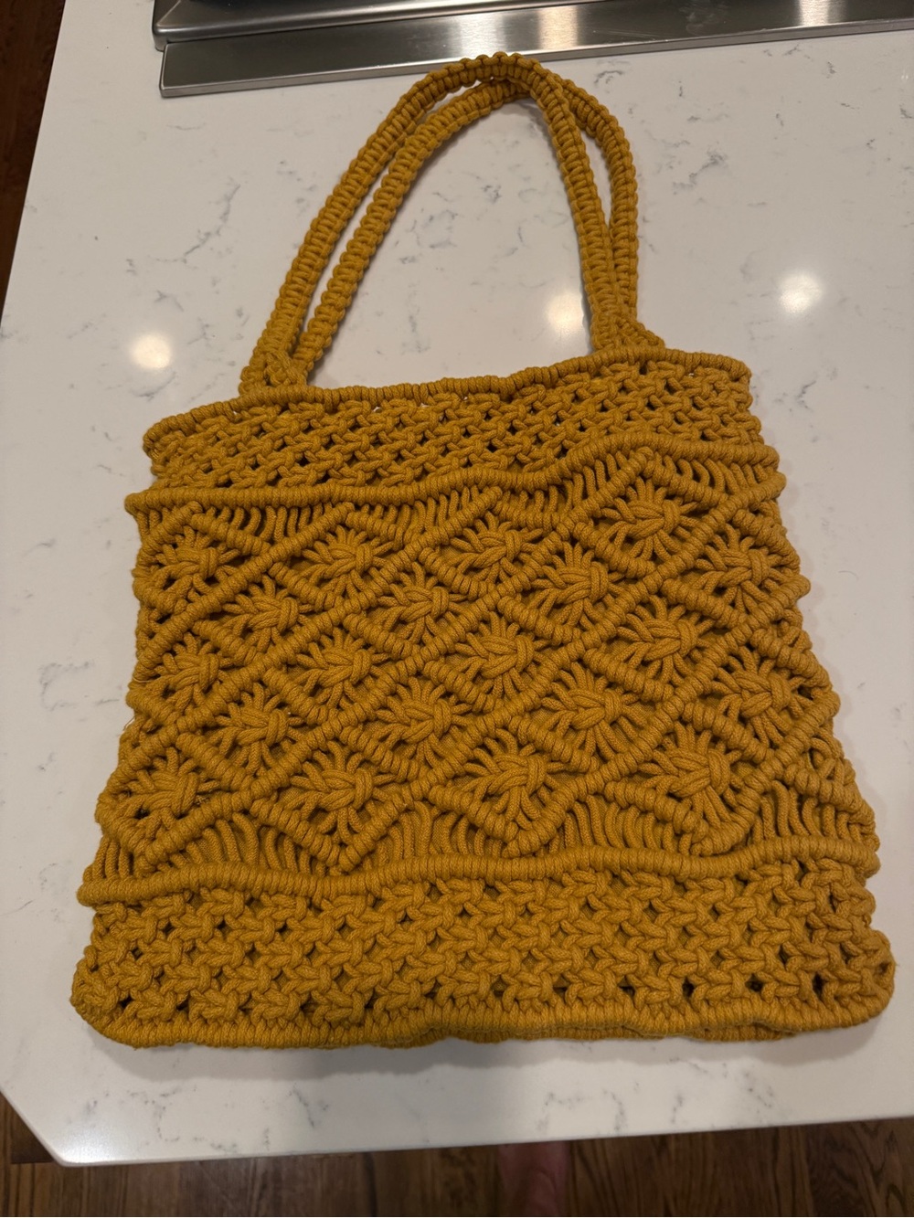 Handmade Macramé Tote Bag Mustard Boho Woven Shoulder Purse Zip Top Lined - Picture 4 of 10